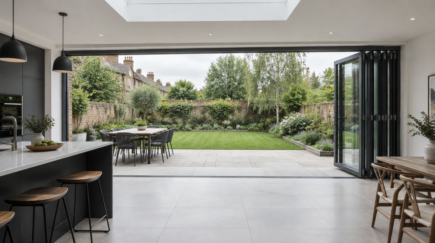 Anthracite grey aluminium bifold doors folded fully open across the back of a kitchen extension onto a garden terrace