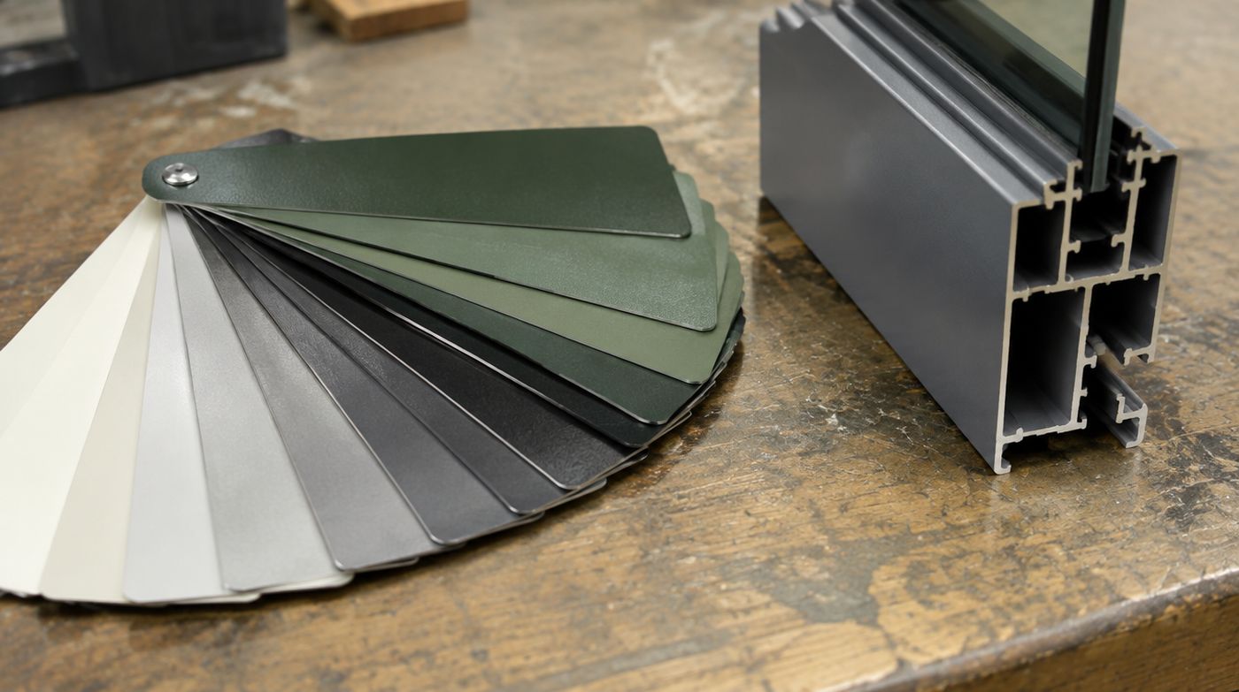 Aluminium powder coating colour samples fanned out beside an offcut of bifold door profile