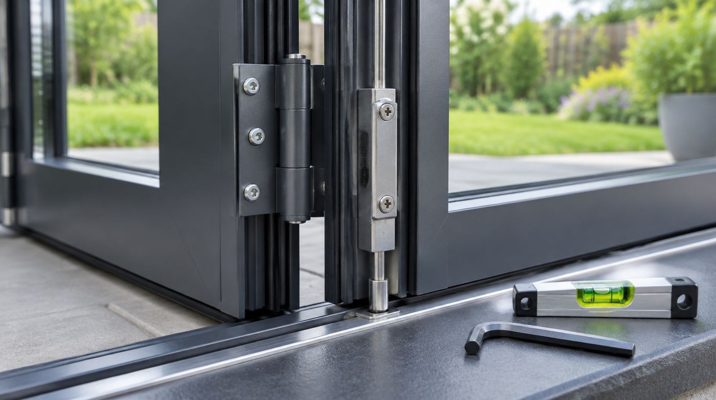 The hinge and shootbolt hardware on an aluminium bifold door leaf, with a hex key and spirit level