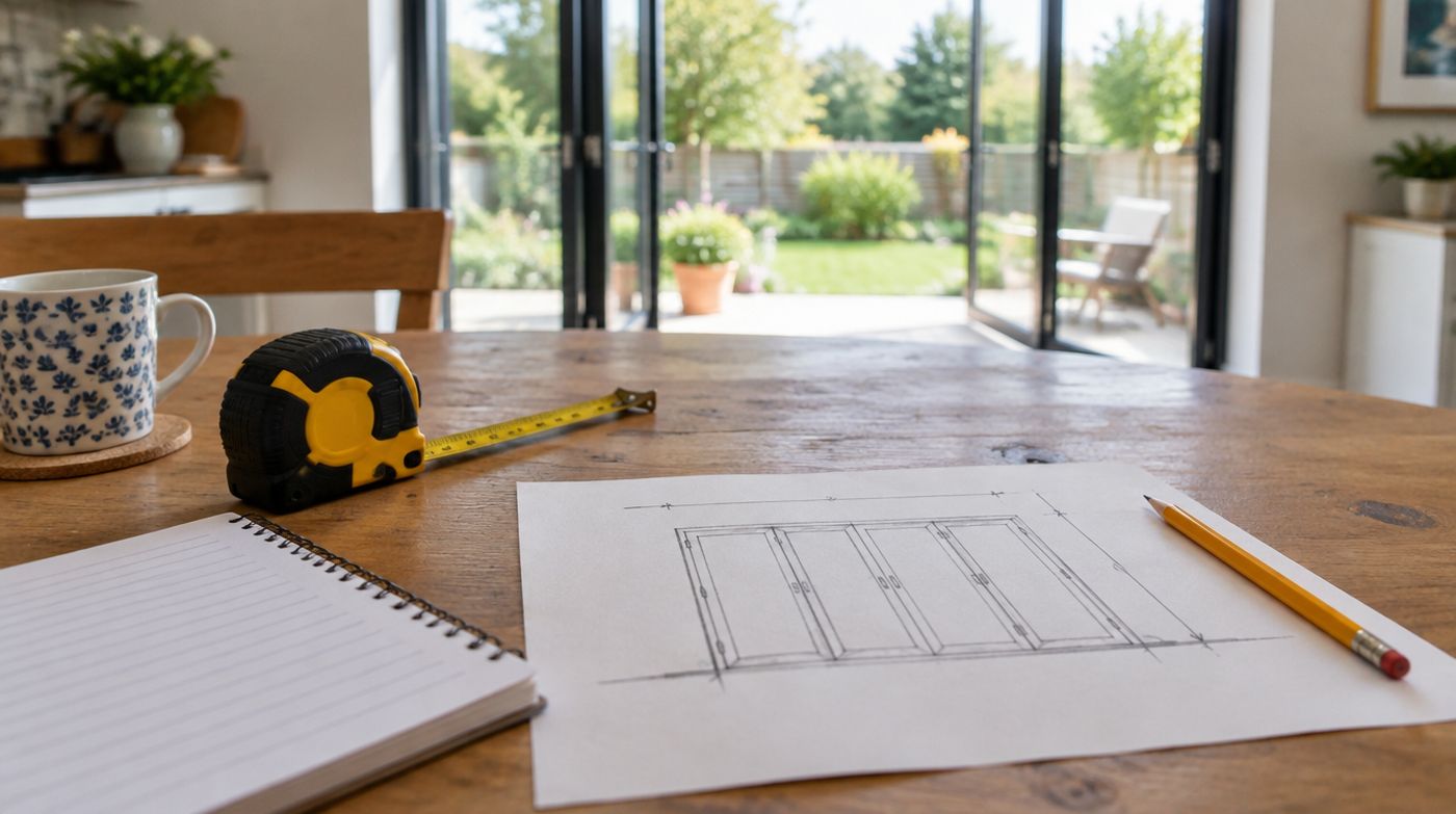 A tape measure and sketch of an opening on a kitchen table, with bifold doors onto a garden behind