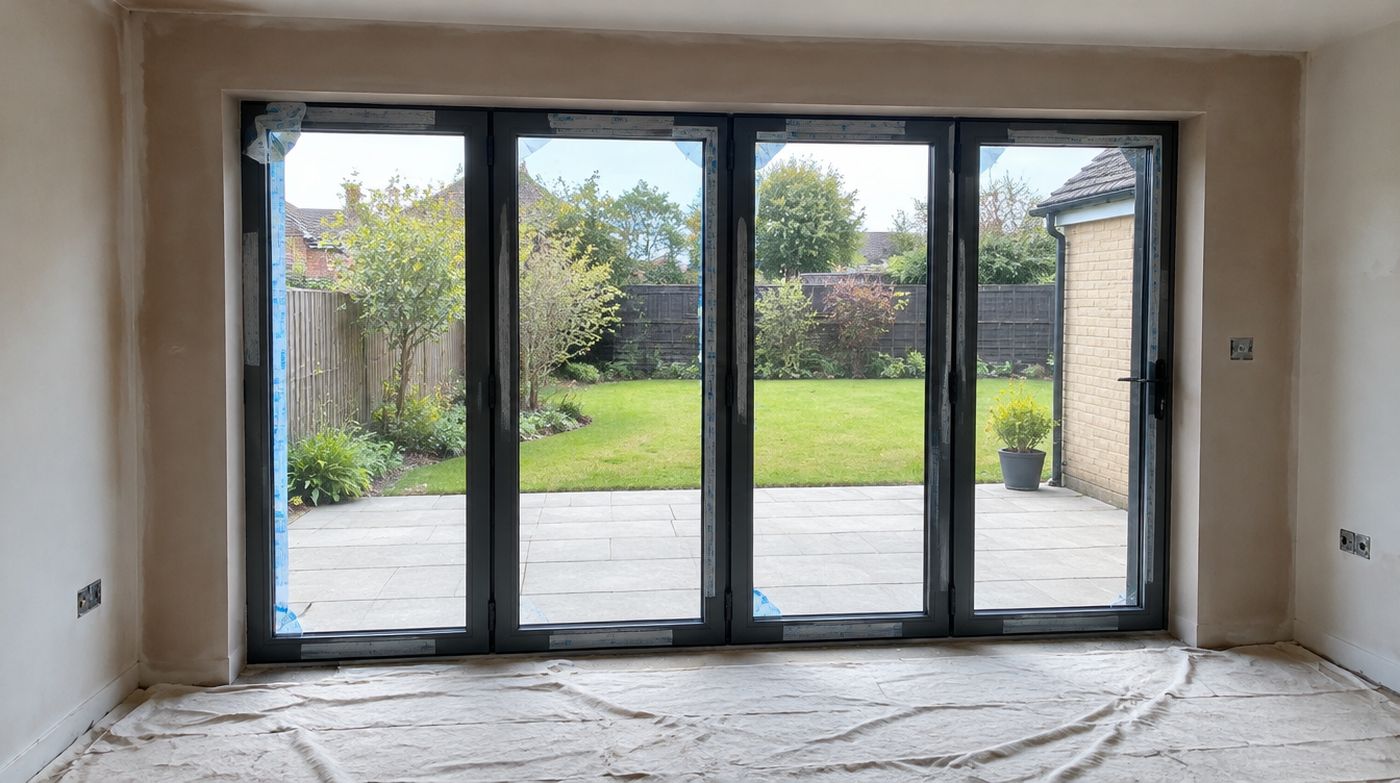 A newly fitted bifold door from inside, internal reveals plastered and made good
