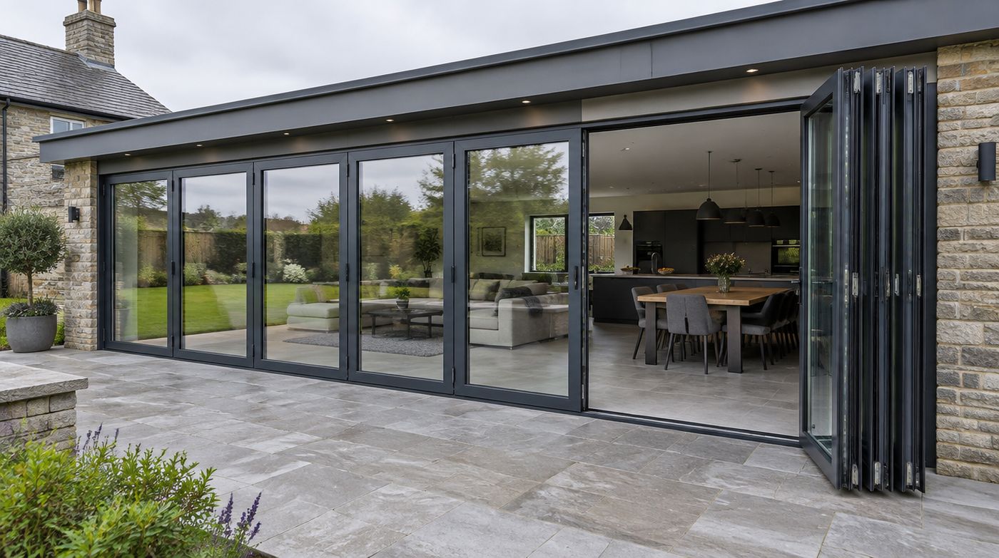 A seven panel run of folding sliding doors across a wide rear opening, partly folded