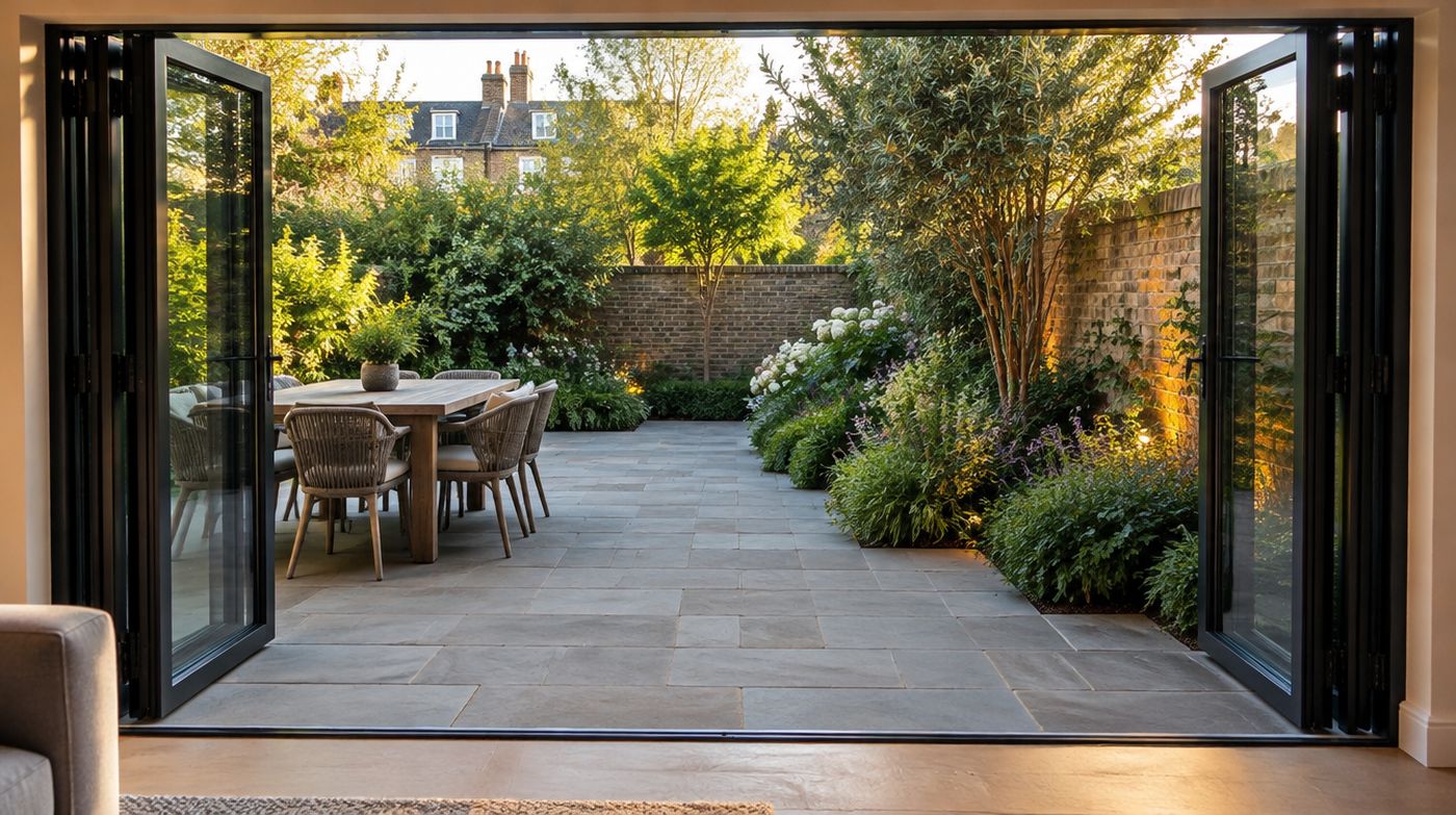 Bifold doors opening onto a paved London patio garden with stone flush to the threshold