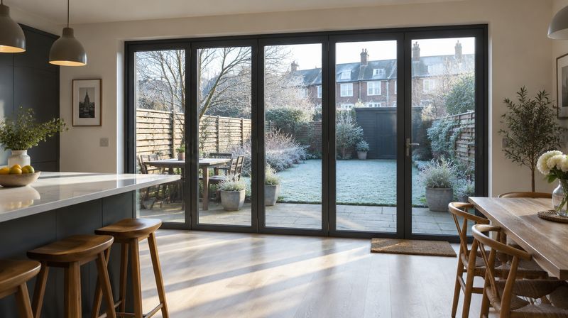 The view out through closed aluminium bifold doors from a kitchen diner on a bright winter morning
