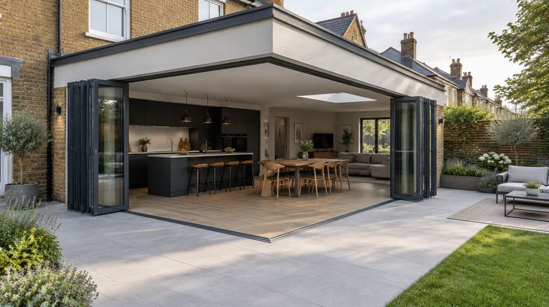 Corner bifold doors folded back to leave an open corner with no post between two runs of doors