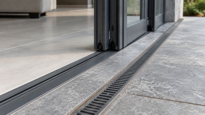 Detail of a flush threshold at the base of a bifold door, with a linear drainage channel outside the opening