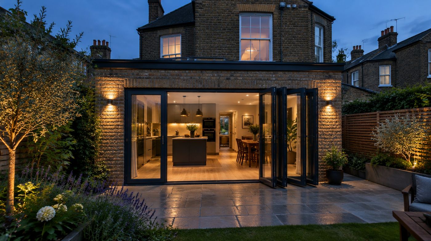 A brick rear extension at dusk with a wide run of aluminium bifold doors, warm light showing through the glass