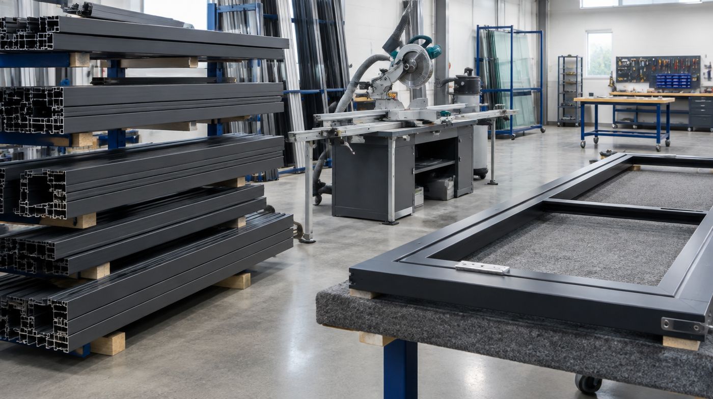 Powder coated aluminium door profiles on a rack beside a partly assembled frame in a fabrication workshop